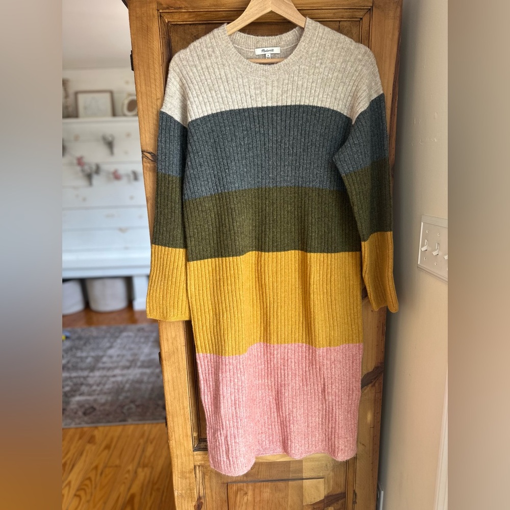 Madewell Colorblock Long Ribbed Sweater Dress - Pink, Mustard, Olive, Gray M